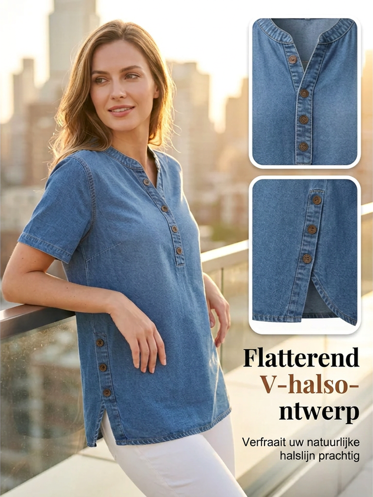 💥⏰TIJDELIJK KORTING 50%👖Dames Kwalitatieve mengstof Denim Tuniek✨V-hals los passend voor dagelijks dragen
