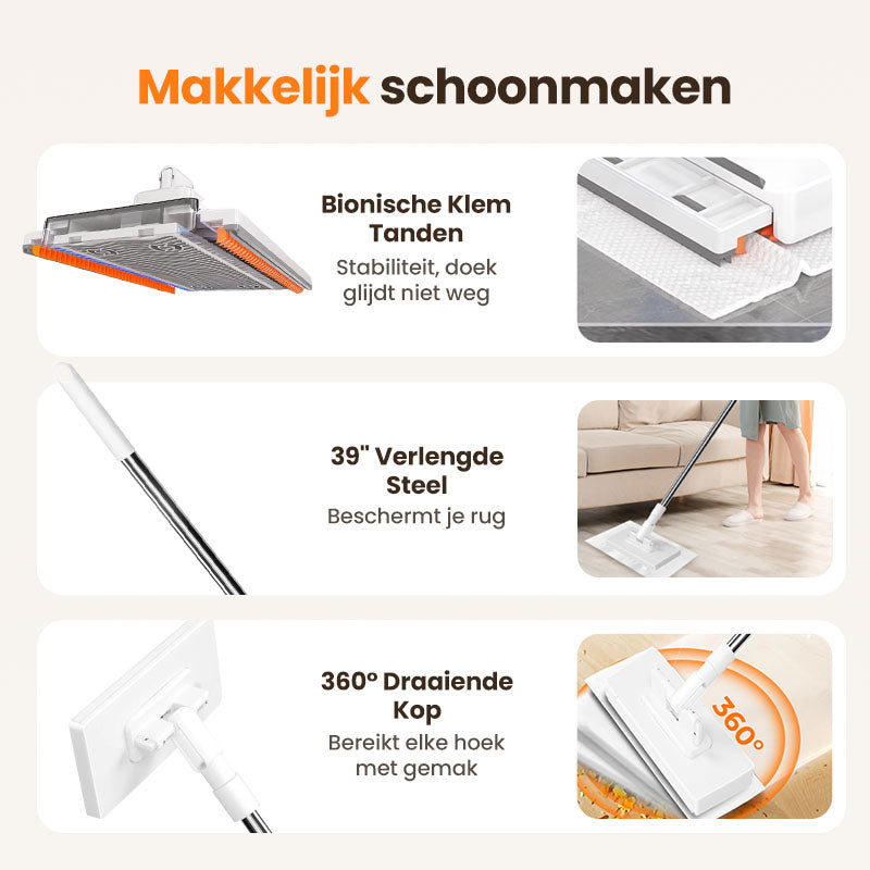 🔥55% KORTING🧹 Herbruikbare Stofmaap Set – Automatische Bionische Klem, 39" Verlengbare Staalsteel, 360° Draaiend + Milieuvriendelijk (Meerdere Oppervlaktes)!