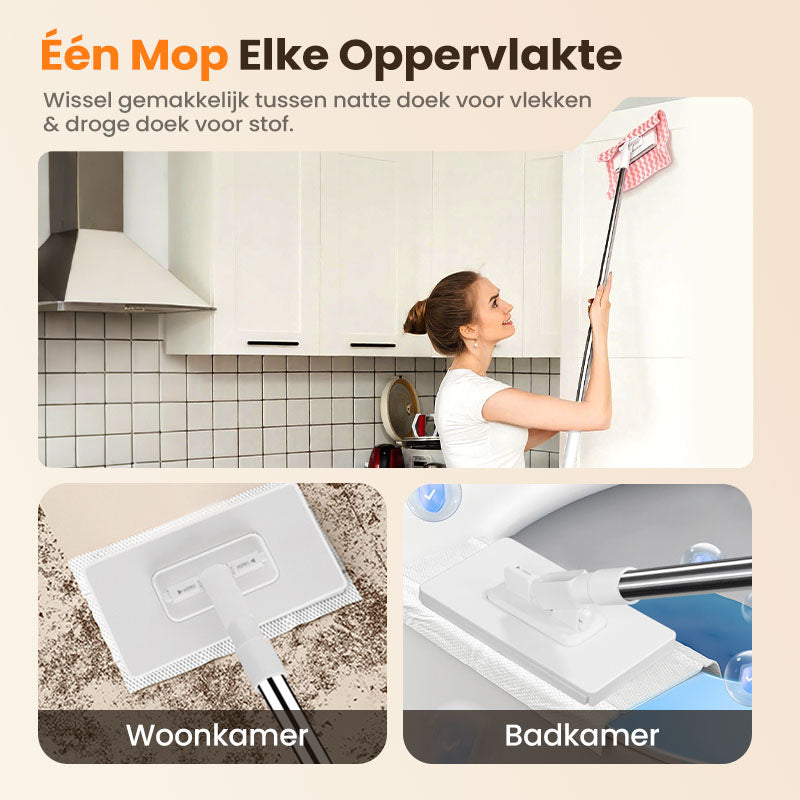🔥55% KORTING🧹 Herbruikbare Stofmaap Set – Automatische Bionische Klem, 39" Verlengbare Staalsteel, 360° Draaiend + Milieuvriendelijk (Meerdere Oppervlaktes)!
