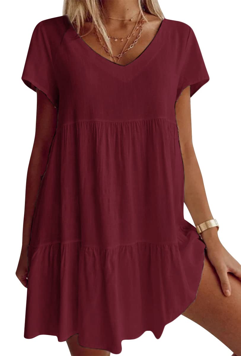 💝Grote maten katoenmix V-hals Casual geweven jurk met korte mouwen