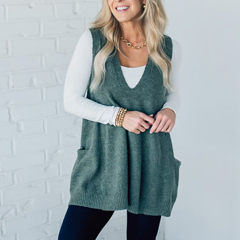 😍🔥Herfst-/winteruitverkoop❄️Losvallend damesvest met V-hals en zakken
