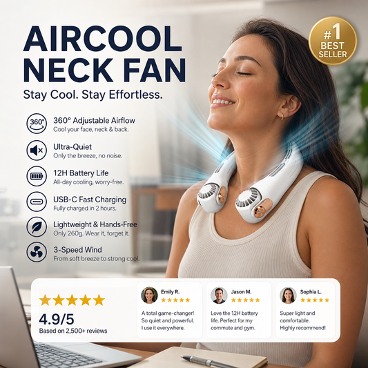 🌀 TIJDELIJKE AANBIEDING: 50% KORTING! 💥 360° draaibare nekventilator – ultrastil, 3 snelheden, handsfree, lange batterijduur ✨