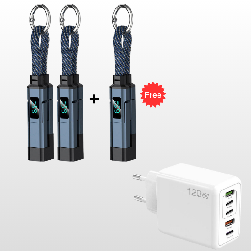 🔋4-in-1 Sleutelhanger Laadkabel met Display – Draagbare Snellaadkabel tot 65W met Live Wattage Monitor