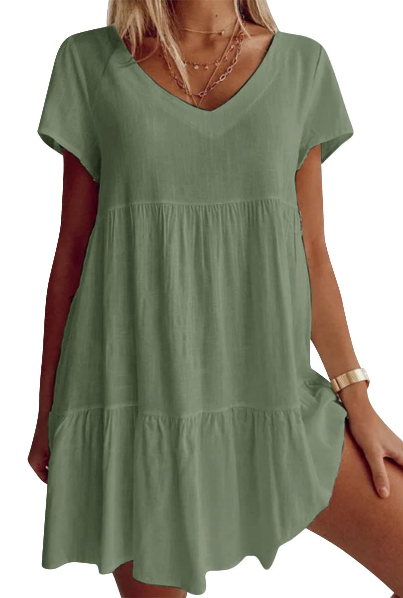 💝Grote maten katoenmix V-hals Casual geweven jurk met korte mouwen