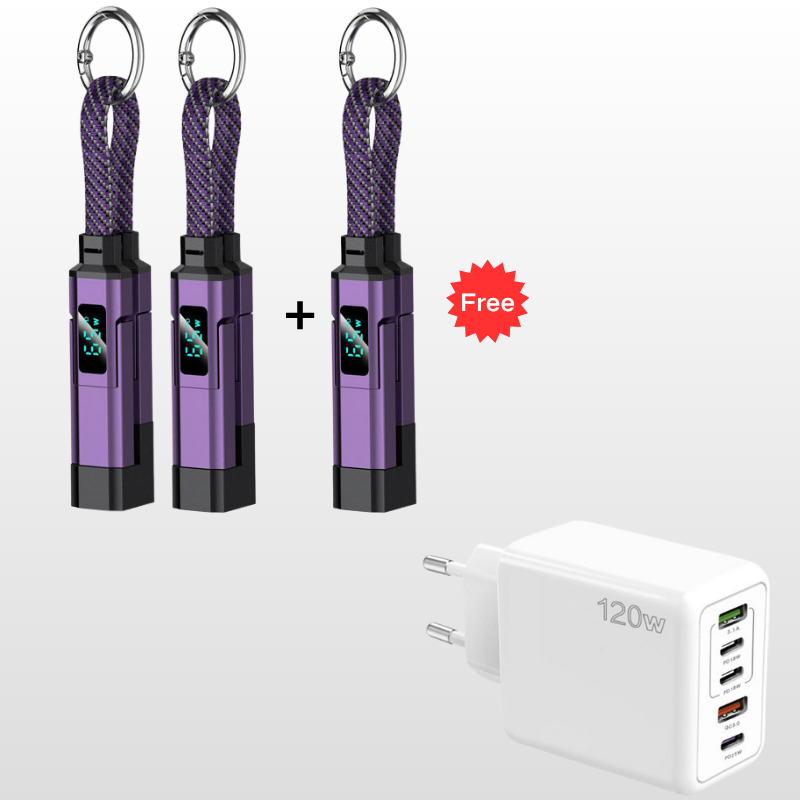 🔋4-in-1 Sleutelhanger Laadkabel met Display – Draagbare Snellaadkabel tot 65W met Live Wattage Monitor