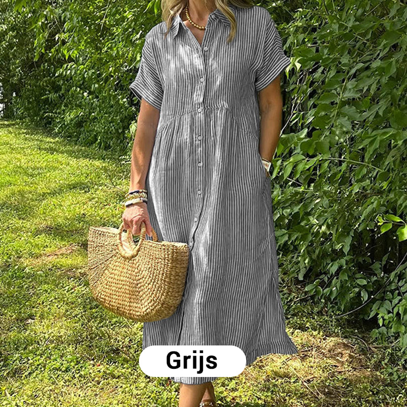 🛍️Nieuwe exclusieve zomerkleding👗Gestreepte revers-overhemdjurk met knopen | Met functionele zakken