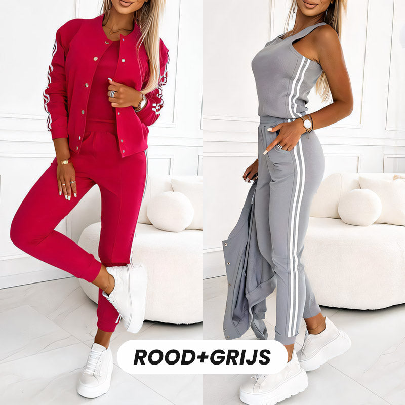 🔥 Nieuw Binnen – 50% KORTING! ✨ Dames 3-Delige Set met Baseballjack & Broek 👗 Trendy, Comfortabel & Complete Look