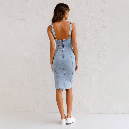 🎁2026 Nieuw binnen 50% KORTING💥 Verstelbare stok u -hals split split denim bodycon cami jurk