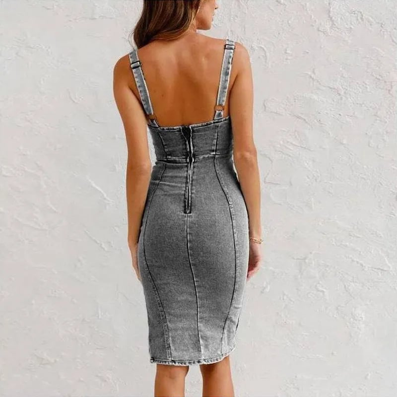 🎁2026 Nieuw binnen 50% KORTING💥 Verstelbare stok u -hals split split denim bodycon cami jurk