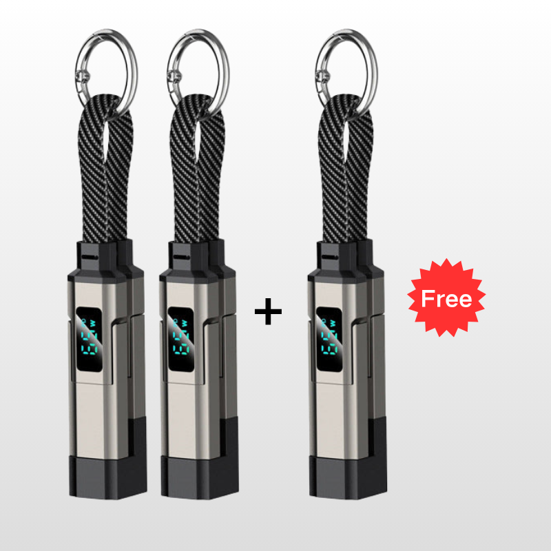 🔋4-in-1 Sleutelhanger Laadkabel met Display – Draagbare Snellaadkabel tot 65W met Live Wattage Monitor