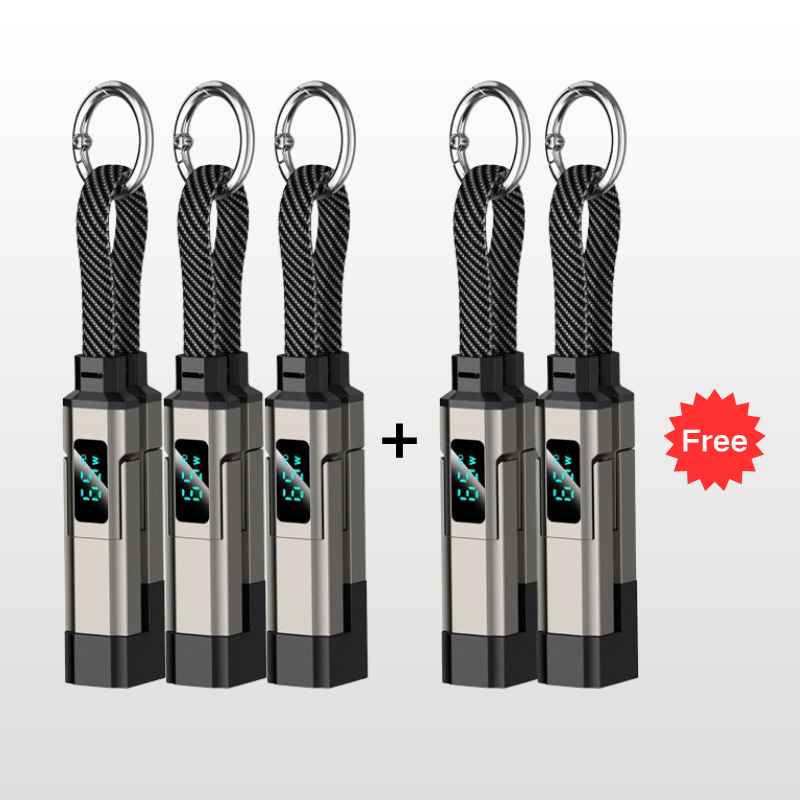 🔋4-in-1 Sleutelhanger Laadkabel met Display – Draagbare Snellaadkabel tot 65W met Live Wattage Monitor