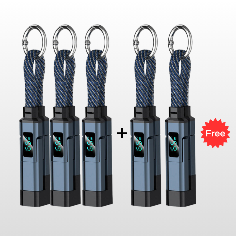 🔋4-in-1 Sleutelhanger Laadkabel met Display – Draagbare Snellaadkabel tot 65W met Live Wattage Monitor