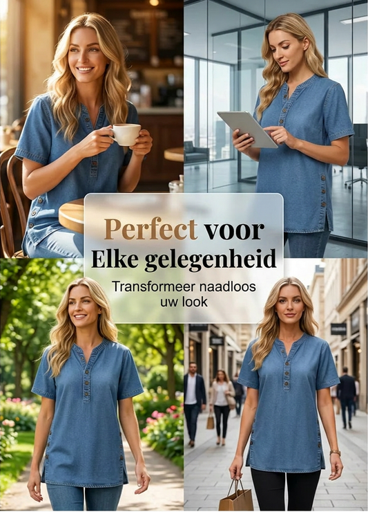 💥⏰TIJDELIJK KORTING 50%👖Dames Kwalitatieve mengstof Denim Tuniek✨V-hals los passend voor dagelijks dragen