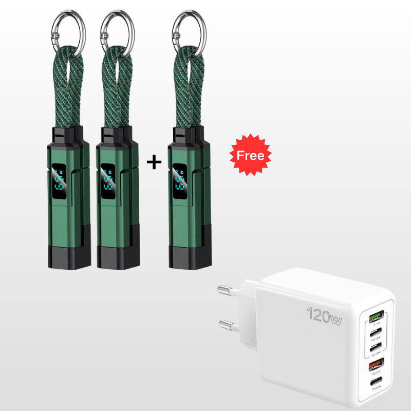 🔋4-in-1 Sleutelhanger Laadkabel met Display – Draagbare Snellaadkabel tot 65W met Live Wattage Monitor