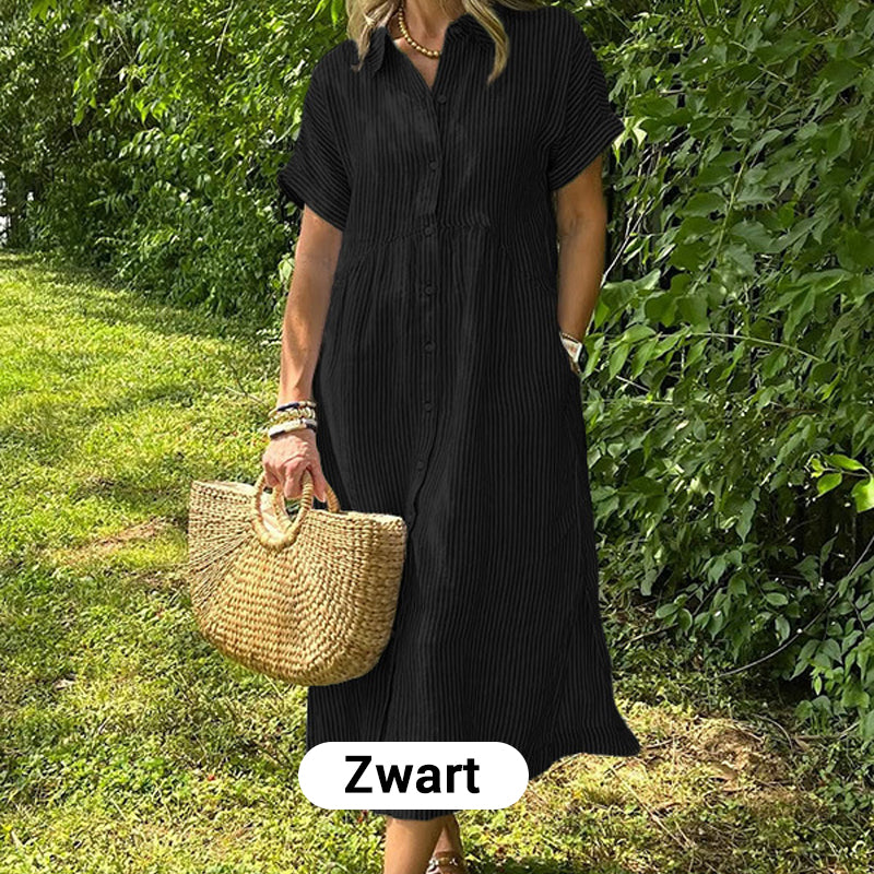 🛍️Nieuwe exclusieve zomerkleding👗Gestreepte revers-overhemdjurk met knopen | Met functionele zakken
