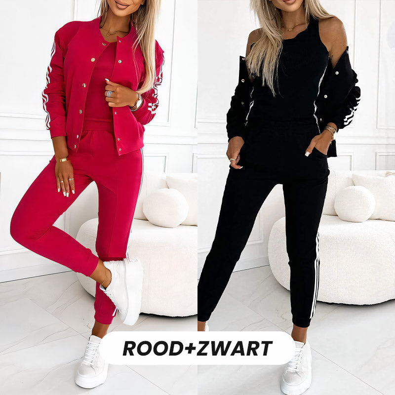 🔥 Nieuw Binnen – 50% KORTING! ✨ Dames 3-Delige Set met Baseballjack & Broek 👗 Trendy, Comfortabel & Complete Look
