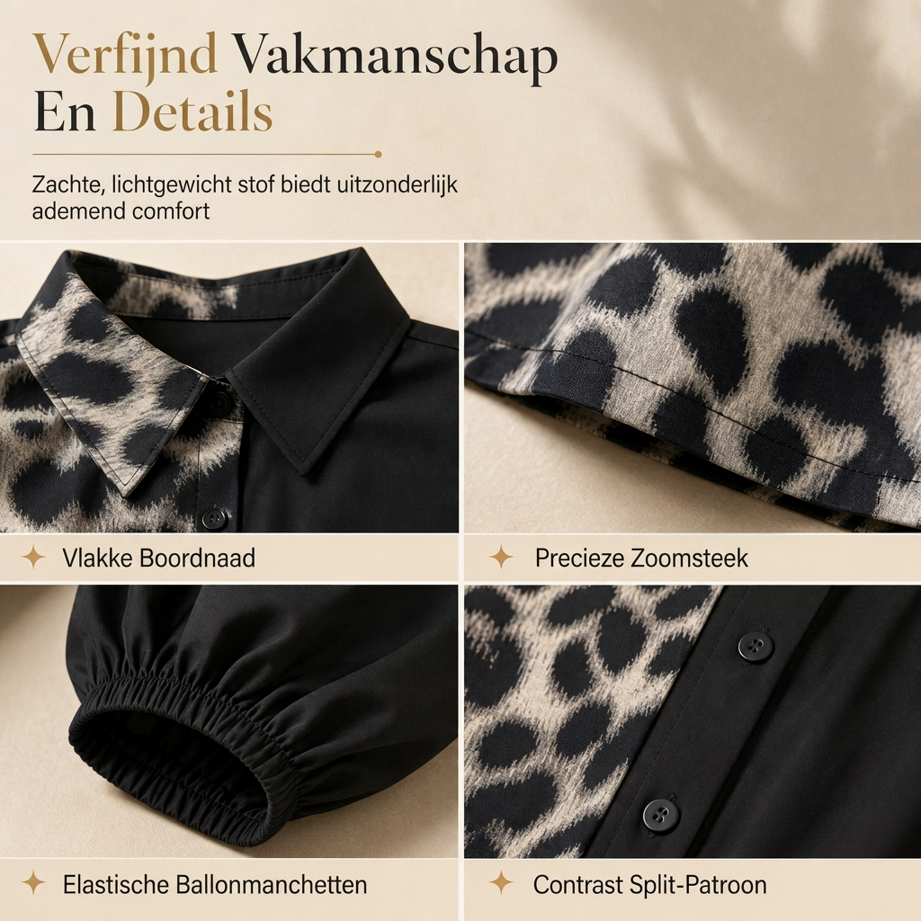 🐆 Nieuwe Collectie ✨ Dames Blouse-Mini Jurk – Luipaardprint met Contrast Patchwork, Lange Mouwen & Bijpassende Riem