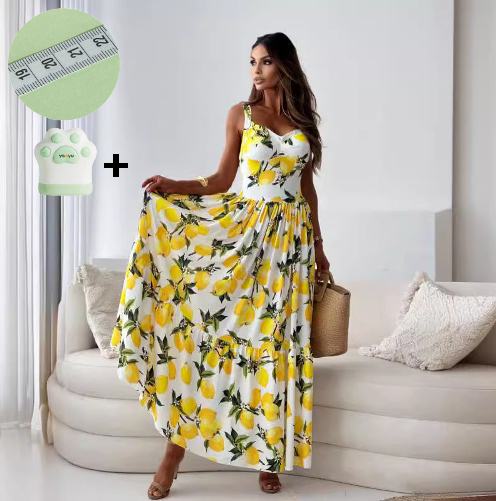 🍋Elegante lange jurk met spaghettibandjes en citroenprint voor dames