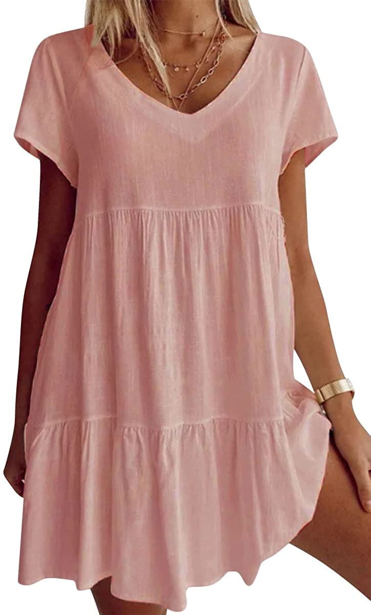 💝Grote maten katoenmix V-hals Casual geweven jurk met korte mouwen
