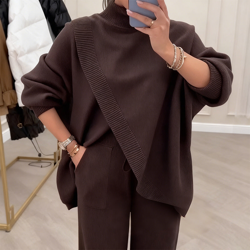 🔥Gratis verzending✈️Tweedelige set voor dames – Asymmetrische trui + broek met wijde pijpen, relaxte pasvorm en zachte stof, uiterst comfortabel 👚✨