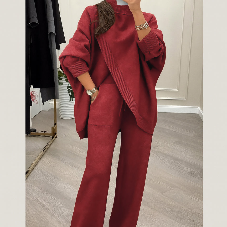 🔥Gratis verzending✈️Tweedelige set voor dames – Asymmetrische trui + broek met wijde pijpen, relaxte pasvorm en zachte stof, uiterst comfortabel 👚✨