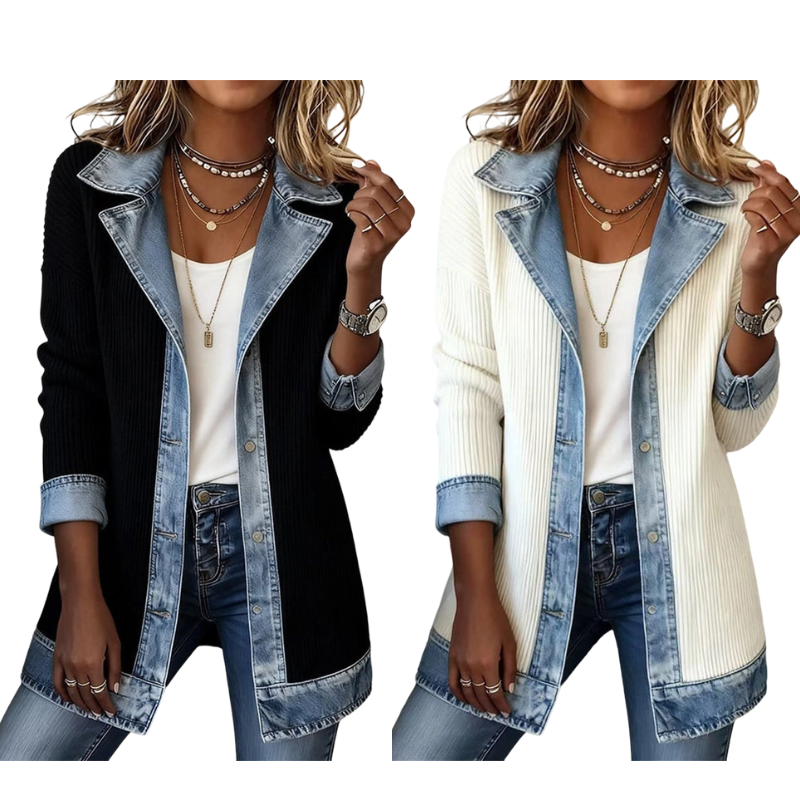 ⌛Tijdelijke aanbieding – Elegante denimjas voor dames met geribbelde brei-inzetstukken