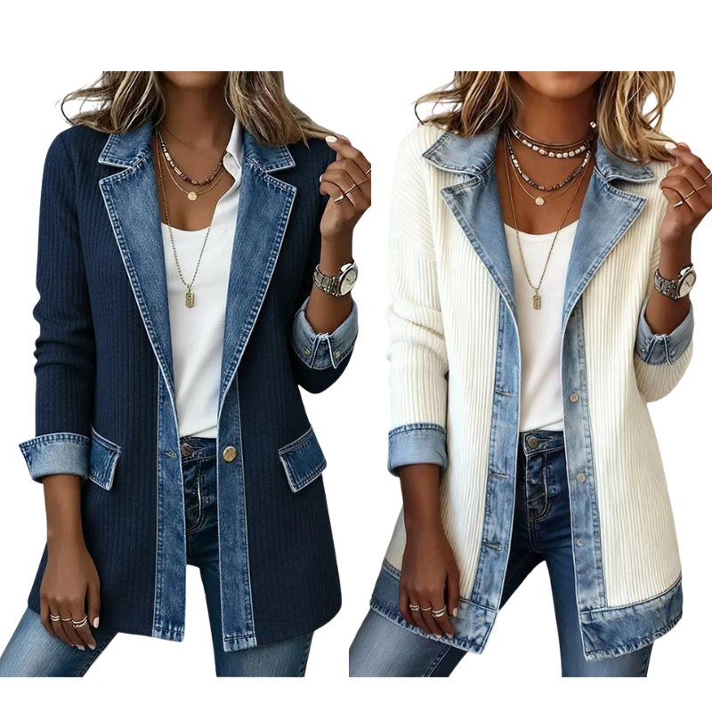 ⌛Tijdelijke aanbieding – Elegante denimjas voor dames met geribbelde brei-inzetstukken