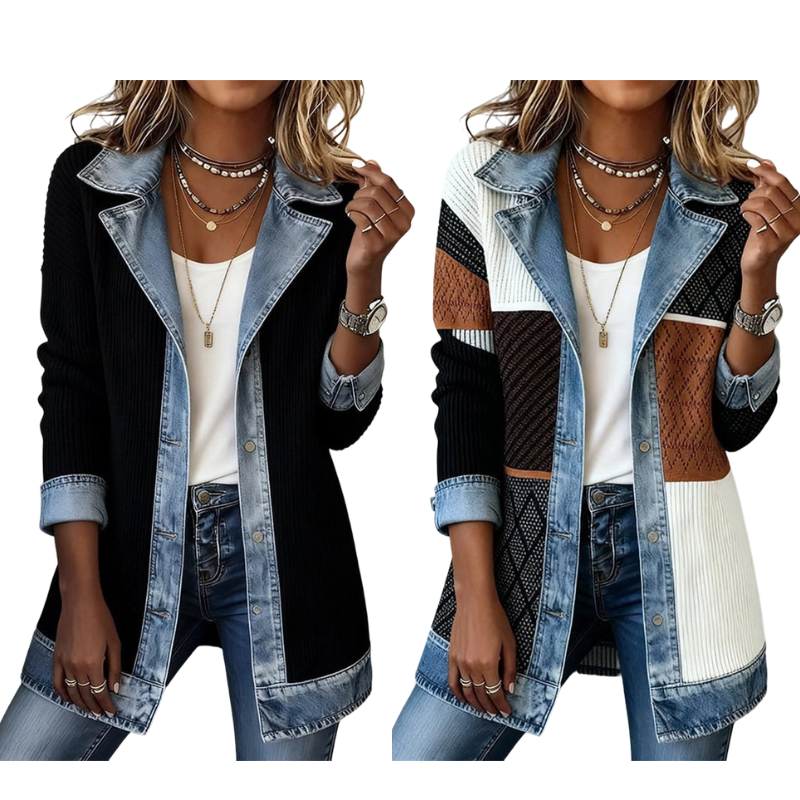 ⌛Tijdelijke aanbieding – Elegante denimjas voor dames met geribbelde brei-inzetstukken