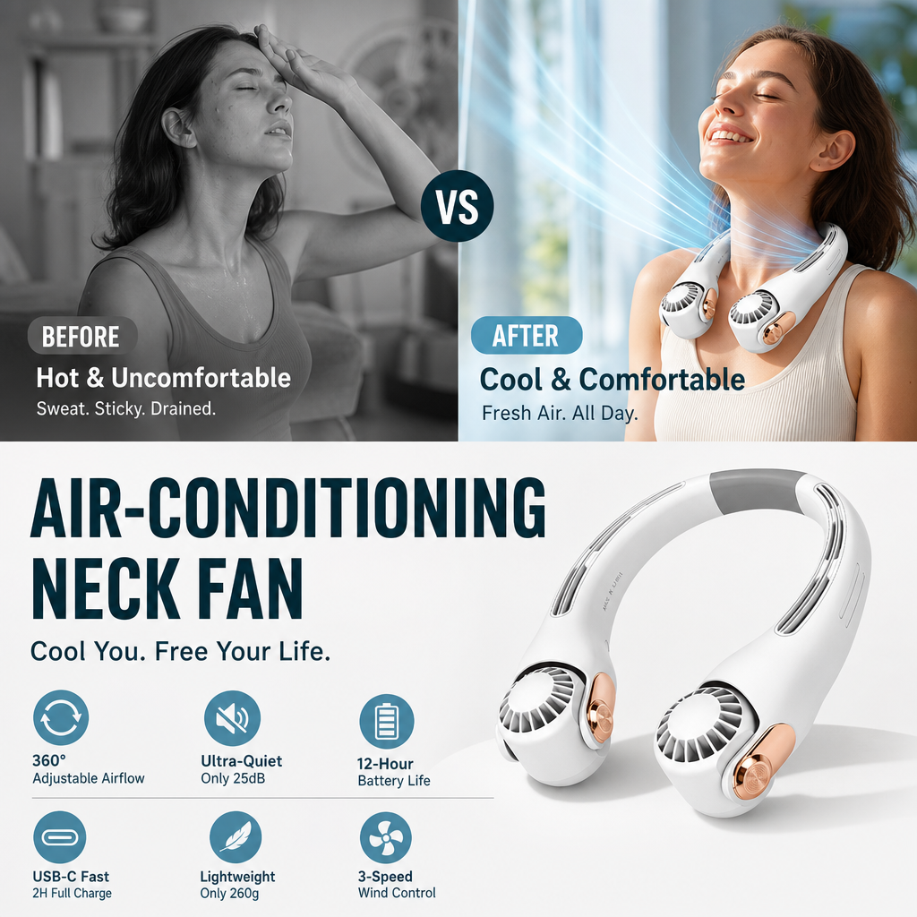 🌀 TIJDELIJKE AANBIEDING: 50% KORTING! 💥 360° draaibare nekventilator – ultrastil, 3 snelheden, handsfree, lange batterijduur ✨