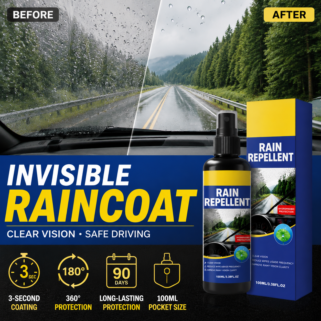 🚗 KOOP 2, KRIJG 1 GRATIS! Kristalheldere Regenafstotende Spray – Voor Een Helder Zicht in de Regen 🌧️