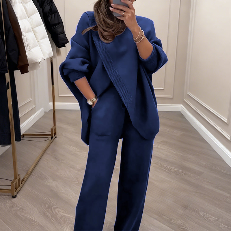 🔥Gratis verzending✈️Tweedelige set voor dames – Asymmetrische trui + broek met wijde pijpen, relaxte pasvorm en zachte stof, uiterst comfortabel 👚✨