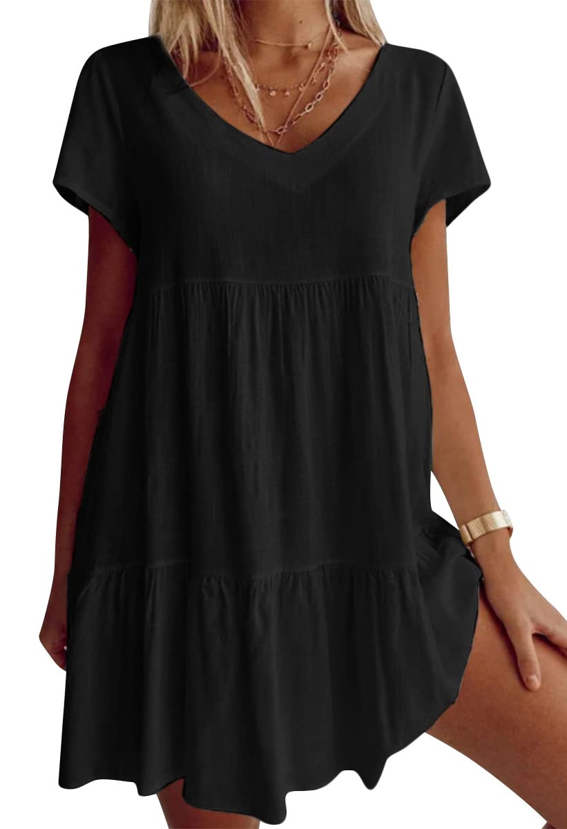 💝Grote maten katoenmix V-hals Casual geweven jurk met korte mouwen