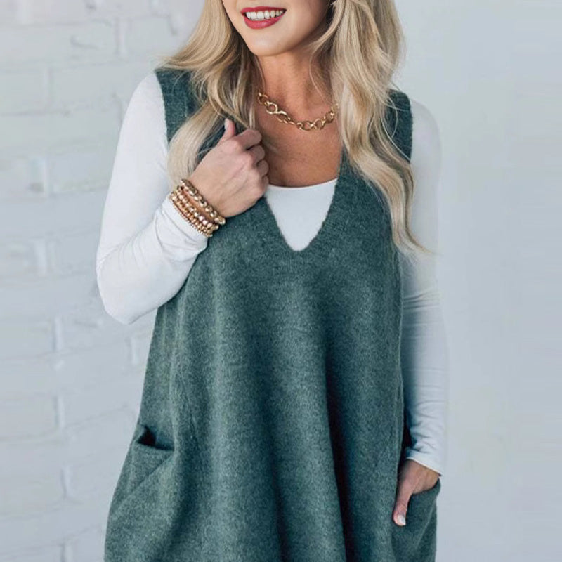 😍🔥Herfst-/winteruitverkoop❄️Losvallend damesvest met V-hals en zakken
