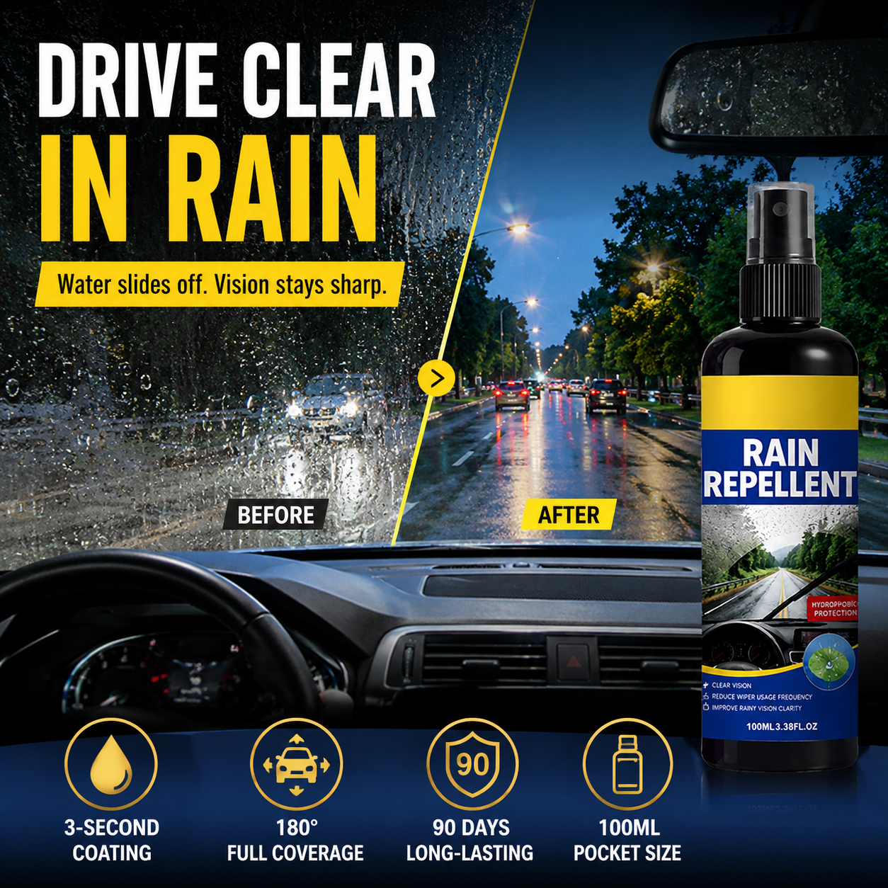 🚗 KOOP 2, KRIJG 1 GRATIS! Kristalheldere Regenafstotende Spray – Voor Een Helder Zicht in de Regen 🌧️