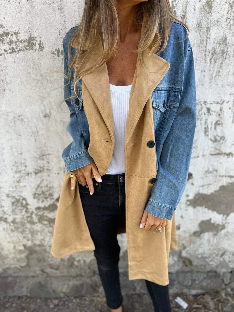 🔥Gratis verzending✈️Denim Jas met Kraag en Lapwerk Ontwerp