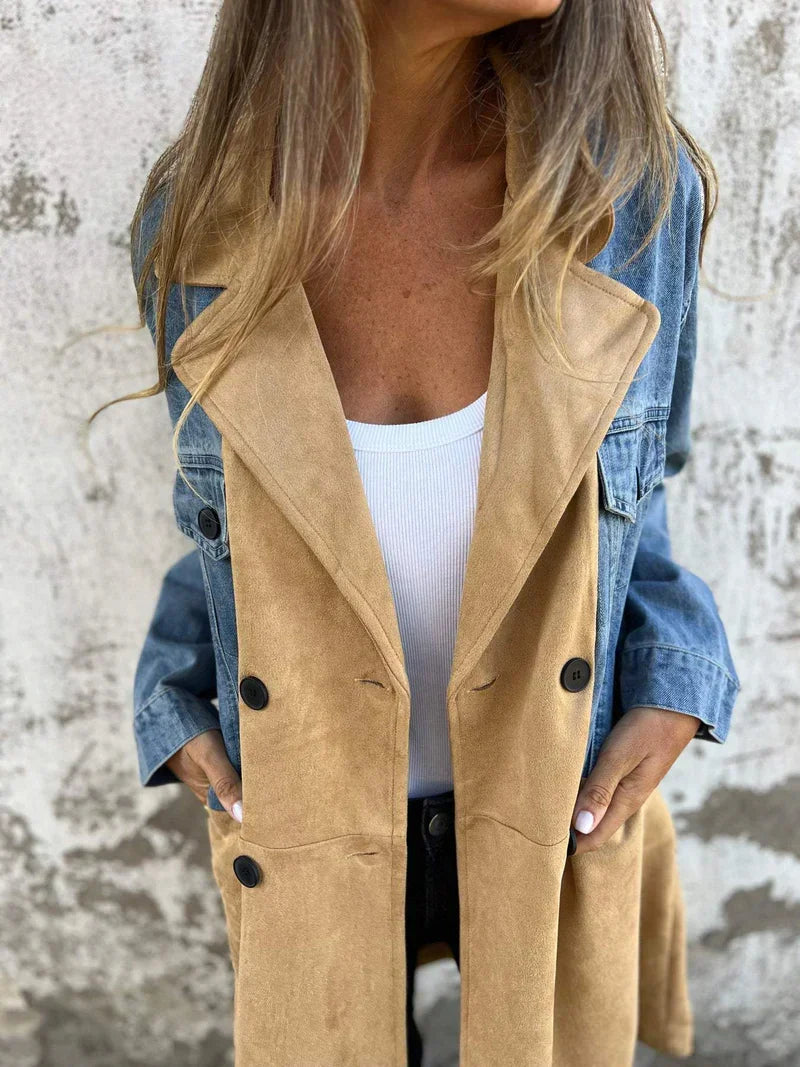🔥Gratis verzending✈️Denim Jas met Kraag en Lapwerk Ontwerp