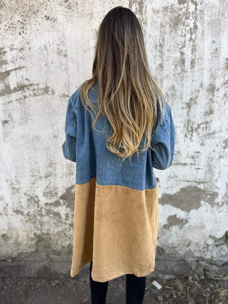 🔥Gratis verzending✈️Denim Jas met Kraag en Lapwerk Ontwerp