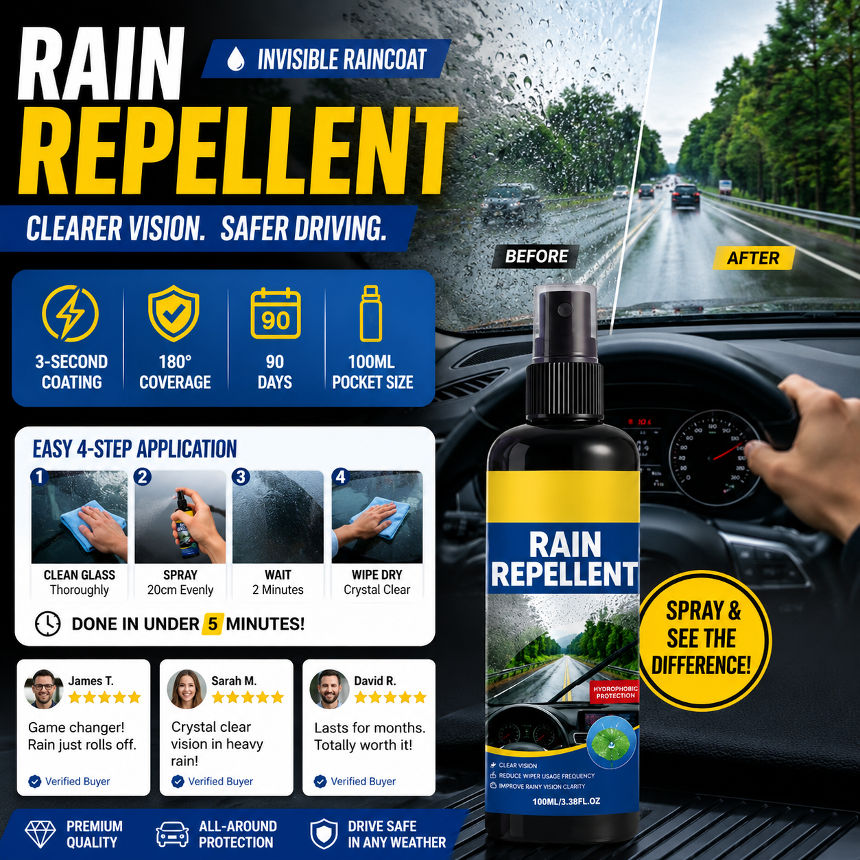🚗 KOOP 2, KRIJG 1 GRATIS! Kristalheldere Regenafstotende Spray – Voor Een Helder Zicht in de Regen 🌧️