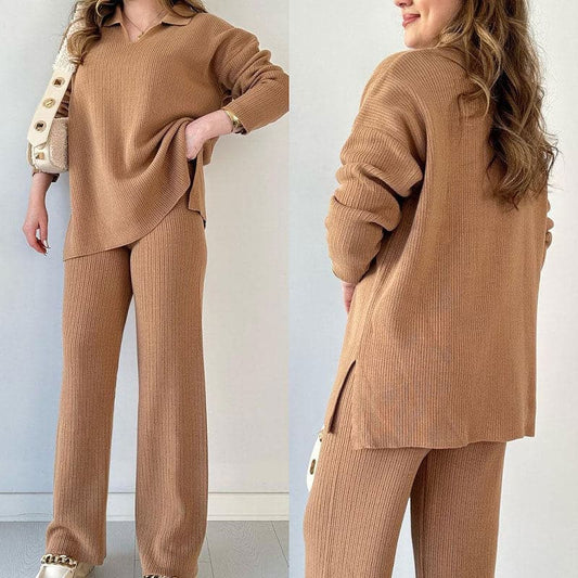🔥Nieuw V-hals Casual Split Gebreide Tweedelige Set