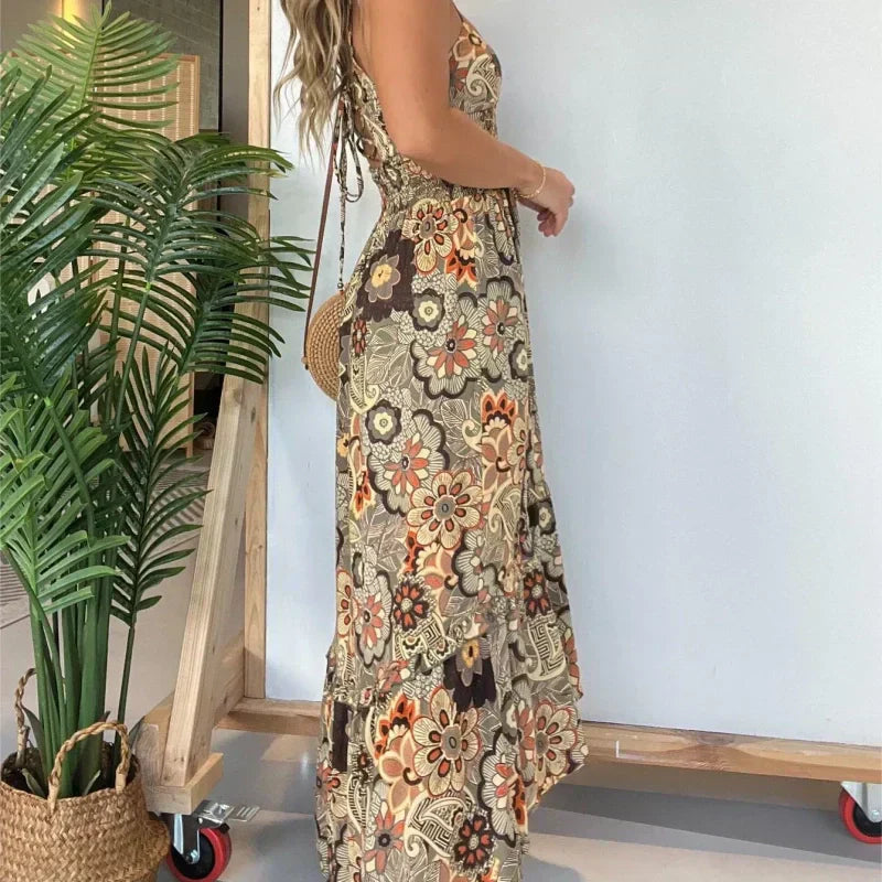 Dames Sexy Spaghetti Bandjes Bloemenprint Lange Jurk