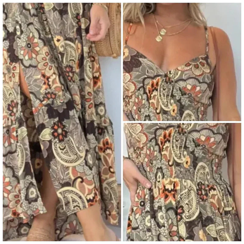 Dames Sexy Spaghetti Bandjes Bloemenprint Lange Jurk