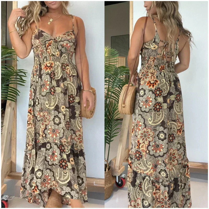 Dames Sexy Spaghetti Bandjes Bloemenprint Lange Jurk