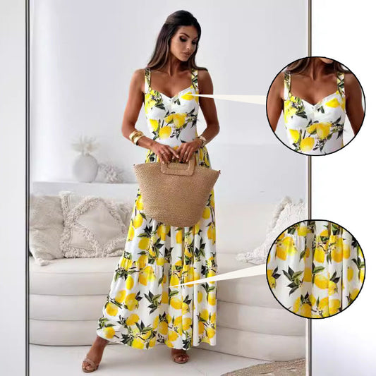 🍋Elegante lange jurk met spaghettibandjes en citroenprint voor dames