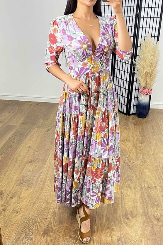 🔥Nieuwe productpromotie 49% korting🔥💃Bloemenprint met tierende zoom Maxi Dress