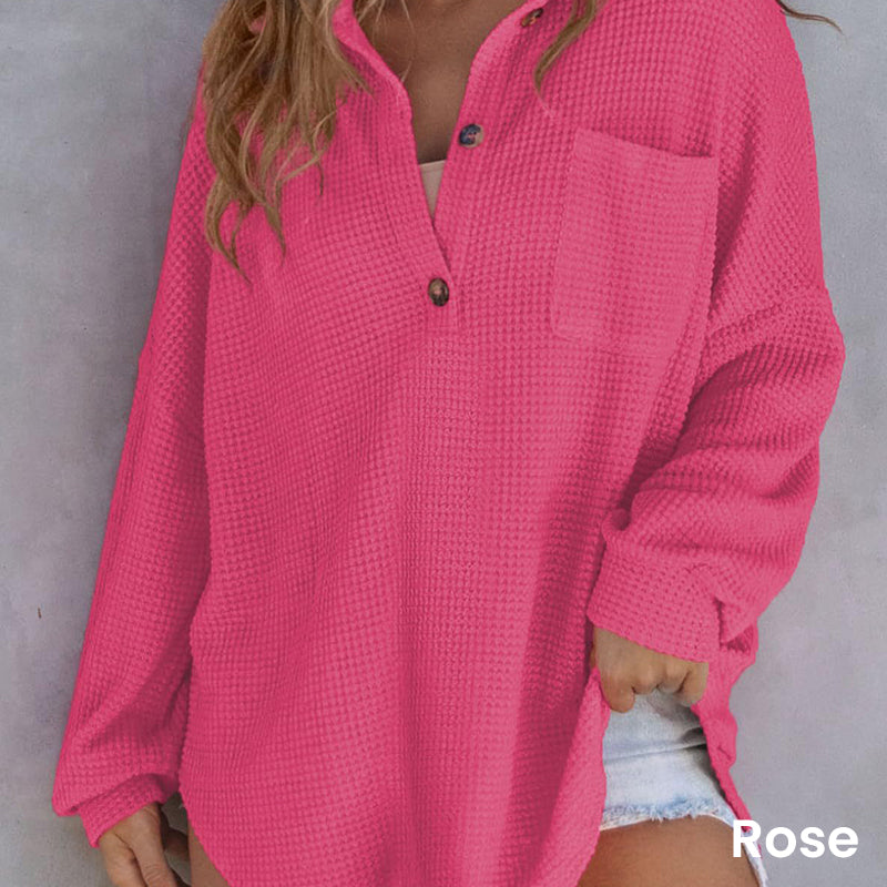🔥Nieuw product 49% korting 🔥 Losvallend damesshirt met wafelpatroon in wafelpatroon