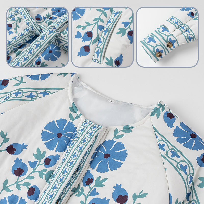 Nieuw product hete verkoop 49% korting❤️‍🔥Blauwe ronde hals bedrukte katoenen bovenkleding met riem