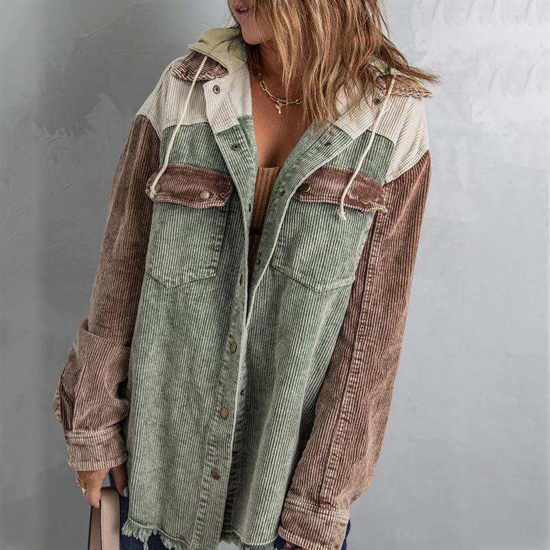 Dames Casual Corduroy Jas met Capuchon en Kleurvlakken