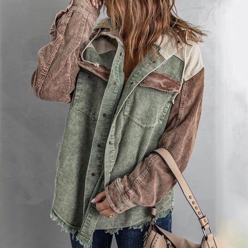 Dames Casual Corduroy Jas met Capuchon en Kleurvlakken