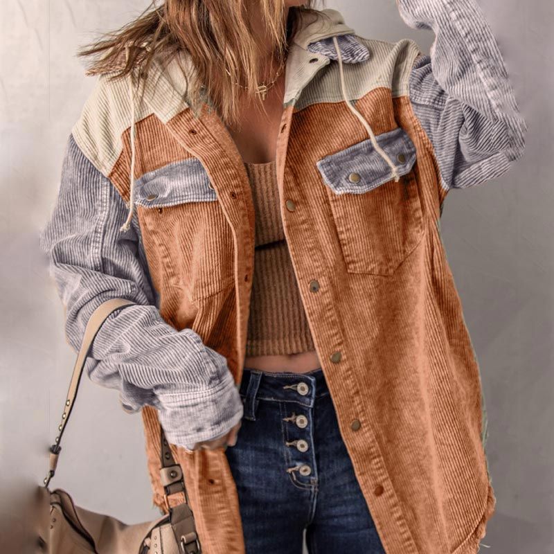 Dames Casual Corduroy Jas met Capuchon en Kleurvlakken