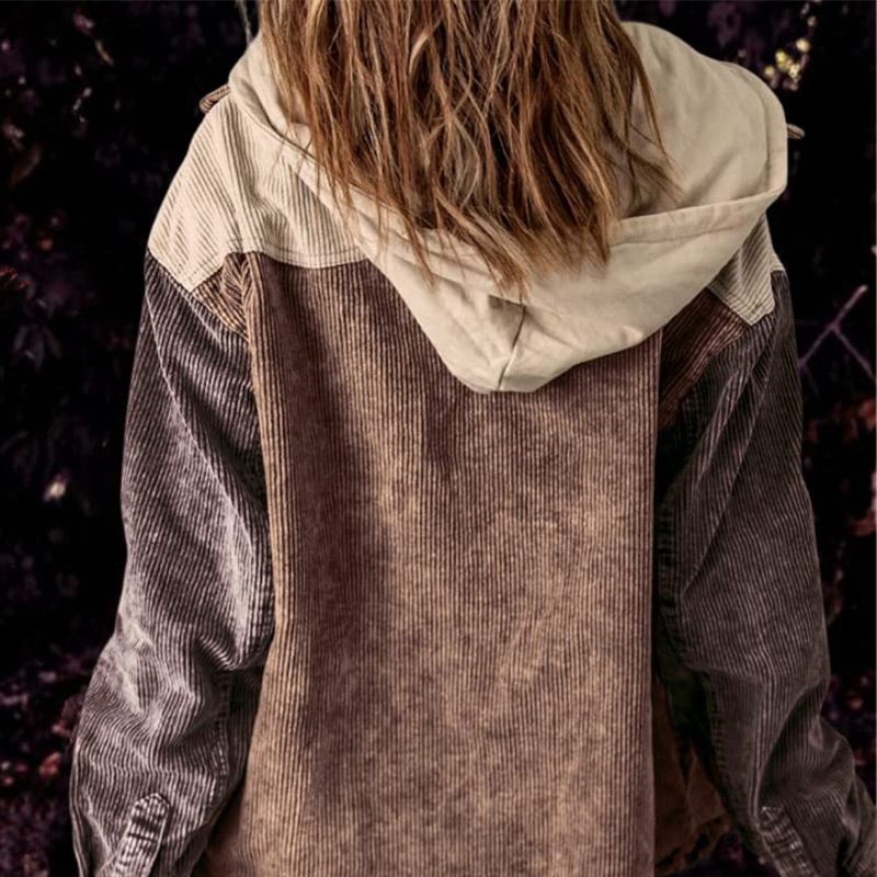 Dames Casual Corduroy Jas met Capuchon en Kleurvlakken